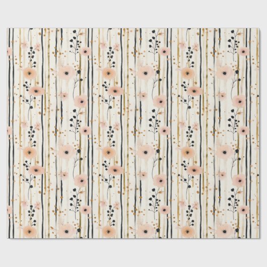 フレッシュピンク ゴールド 水彩 フラワー ストライプ 誕生日 ラッピングペーパー (フラット)