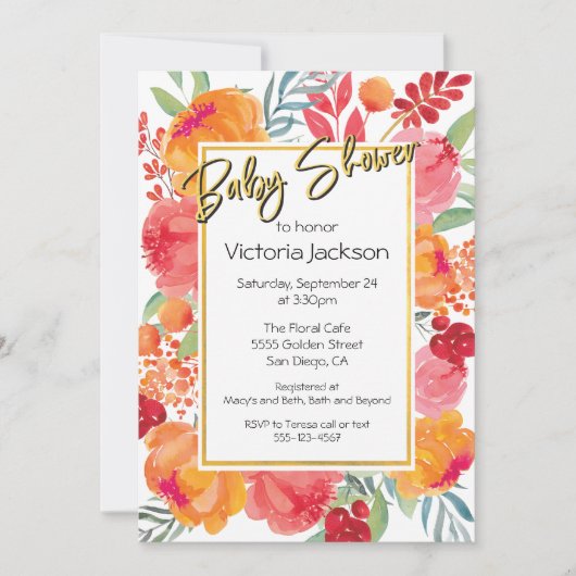 フレッシュフラワーウォーターカラーベビーシャワー招待状 招待状 (正面)