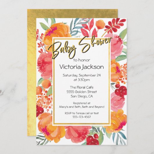 フレッシュフラワーウォーターカラーベビーシャワー招待状 招待状 (正面/裏面)