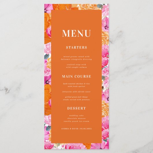 フレッシュブライトピンクとオレンジのフローラ開花結婚ズ メニュー (正面)