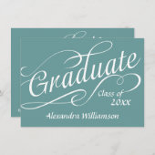 フレッシュブルー渦巻形のスクリプト卒業披露宴 招待状 (正面/裏面)