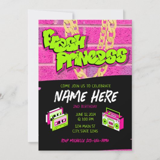 フレッシュプリンセス90sをテーマにした誕生日 招待状 (正面)