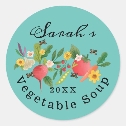 フレッシュベジタブルガーデンメドレー&蝶ティール(緑がかった色) ラウンドシール (正面)