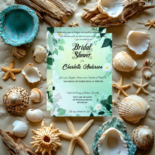 フレッシュミントアンドホワイトデイジーブライダルシャワー 招待状