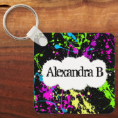 フレッシュレトロネオン絵を描（ばちゃばちゃ）跳ねるオンブラック キーホルダー (正面)