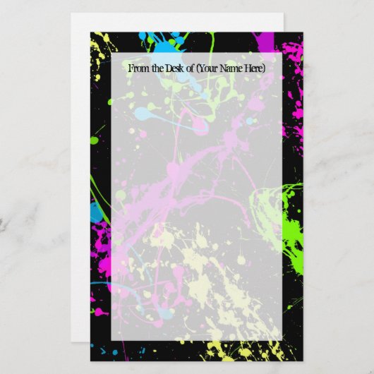 フレッシュレトロネオン絵を描（ばちゃばちゃ）跳ねるオンブラック 便箋 (正面/裏面)