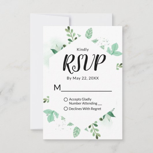 フレッシュ葉植物六角形フレーム結婚ズ 出欠カード (正面)