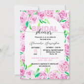 フレッシュ鮮やかピンクウォーターカラーバラブライダルシャワー 招待状 (正面)