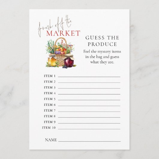 フレッシュ・オフ・マーケット推測プロデュース・ブライダルシャワー・ゲーム 招待状 (正面)
