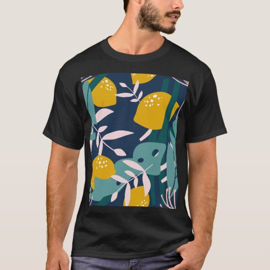 フレッシュ・レモン：重複するヴィンテージ・パターン Tシャツ (正面)