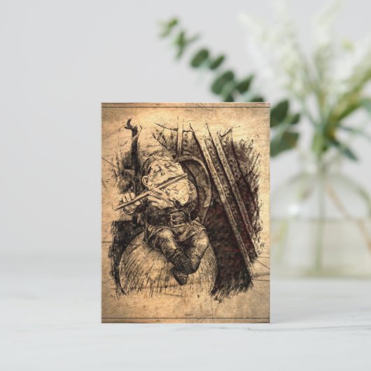 フレットを演奏しながらキノコに座っている幸せな小人 ポストカード (スタンド正面)