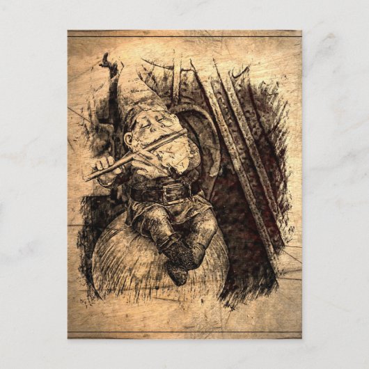 フレットを演奏しながらキノコに座っている幸せな小人 ポストカード (正面)