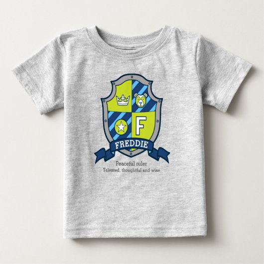 フレディ文字F男の子の名前はコート・オブ・アームズ ベビーTシャツ (正面)