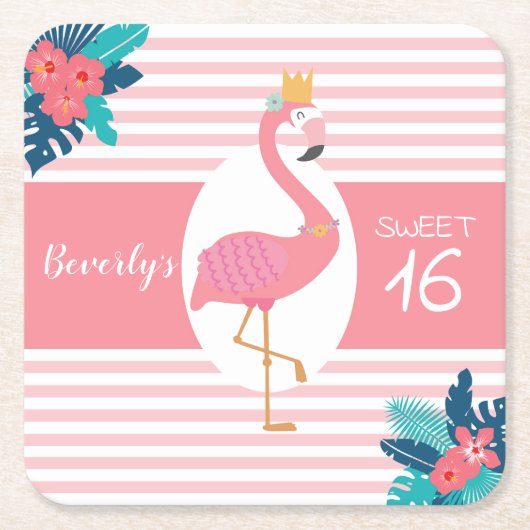 フレミンゴトロピカルピンクとブルーの花16歳 スクエアペーパーコースター (正面)