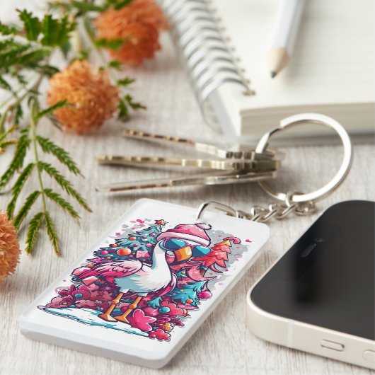 フレミンゴ フェスティビティ サンタ ハット アンド グラス クリスマス キーホルダー (正面右)