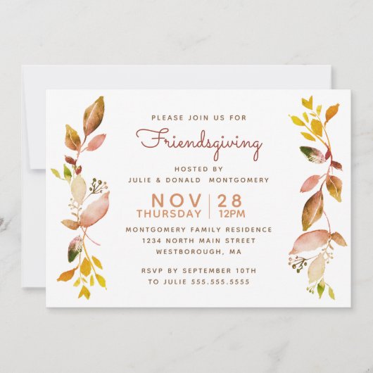 フレンズギビング ウォーターカラー 秋の植物 葉 招待状 (正面)