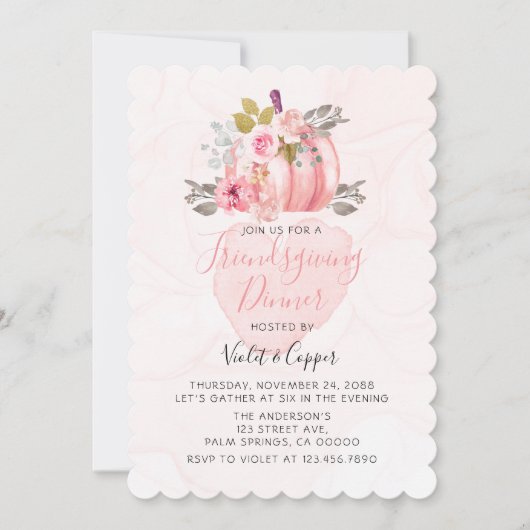 フレンズギビング 水彩のカボチャとペオニー ピンクの招待状 招待状 (正面)