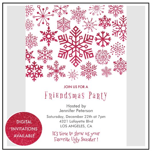 フレンズマス招待状 クリスマス 雪の結晶 赤 招待状