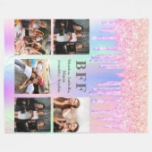 フレンズ最高のフォトコラージュ虹のグリッターピンク フリースブランケット (正面(横))