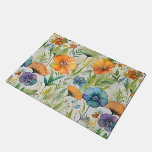 フレンチカントリー風デコレーション 水彩画の野の花 ドアマット (アングル)