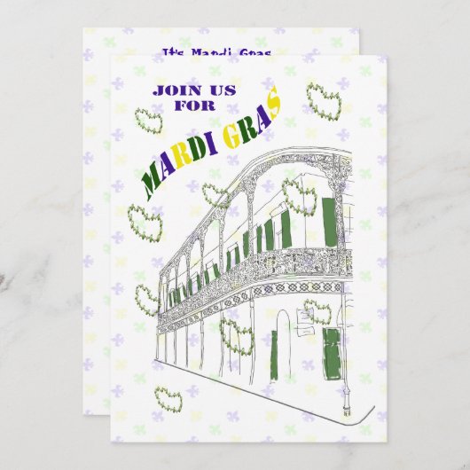 フレンチクォーターのバルコニーの謝肉祭のパーティー 招待状 (正面/裏面)
