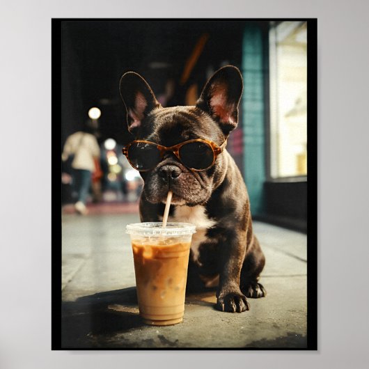 フレンチブルドッグがアイスコーヒーを飲む面白い犬 ポスター (正面)