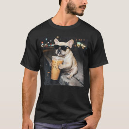 フレンチブルドッグがアイスコーヒーを飲む面白い犬 Tシャツ
