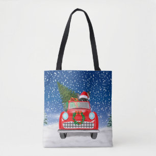 フレンチブルドッグが車で雪の中クリスマスドライブ トートバッグ