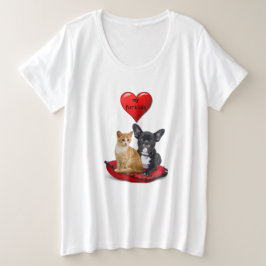 フレンチブルドッグと猫が好きな女性向け プラスサイズTシャツ