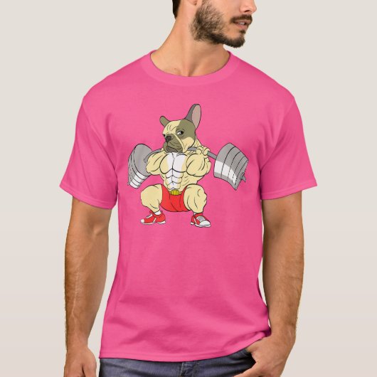 フレンチブルドッグのウエイトリフティング 冗談デッドリフト Tシャツ (正面)