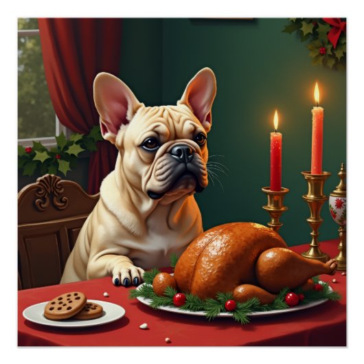 フレンチブルドッグのクリスマスイブの饗宴の絵画 ポスター (正面)