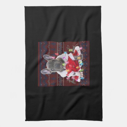 フレンチブルドッグのクリスマスイルミネーションがついたダサいスウェットシャツの犬 キッチンタオル (縦)