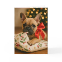 フレンチブルドッグのクリスマスカード – ピロー上の子犬