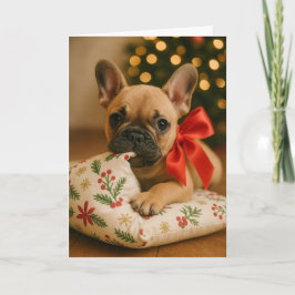フレンチブルドッグのクリスマスカード – ピロー上の子犬 カード