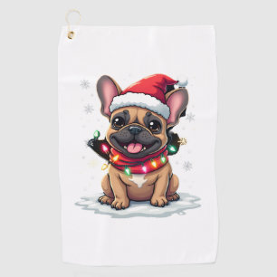 フレンチブルドッグのサンタ帽子イルミネーション　クリスマスTシャツS ゴルフタオル