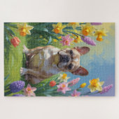 フレンチブルドッグの春の花の絵 ジグソーパズル (横)