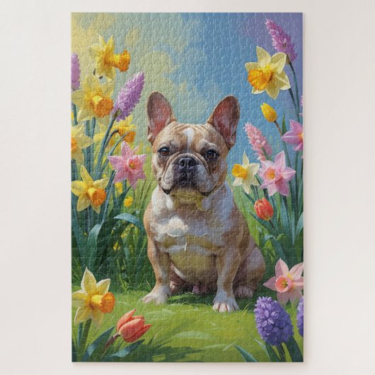 フレンチブルドッグの春の花の絵 ジグソーパズル (縦)