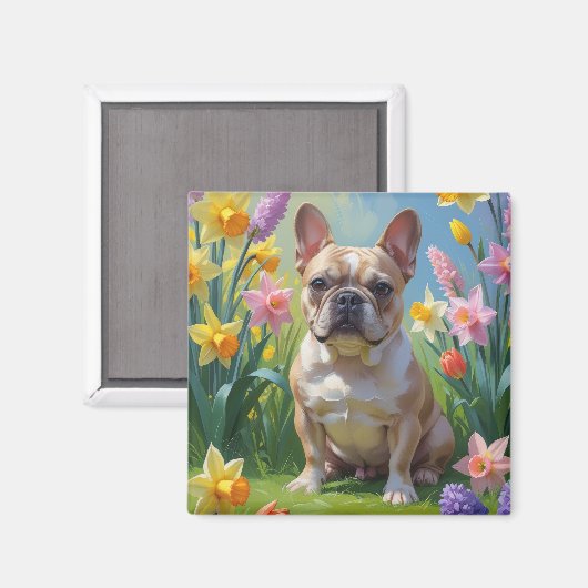 フレンチブルドッグの春の花の絵 マグネット (正面/裏面)
