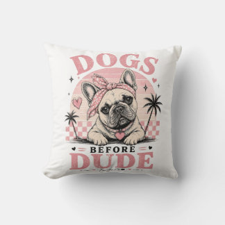 フレンチブルドッグの枕「Dogs Before Dudes」ユーモアあふれるインテリア クッション