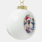 フレンチブルドッグの雪の町噴水サンタクリスマス セラミックボールオーナメント (左)