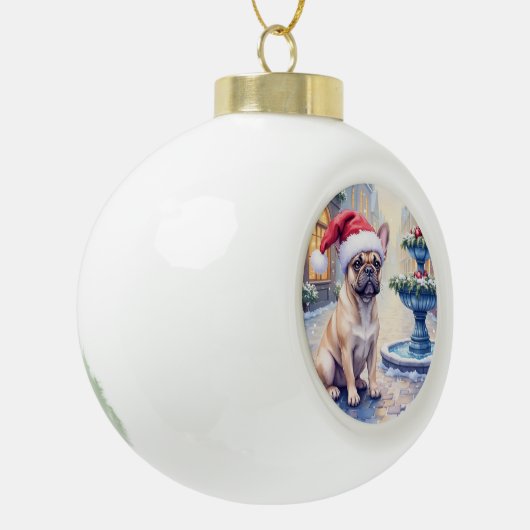 フレンチブルドッグの雪の町噴水サンタクリスマス セラミックボールオーナメント (左)