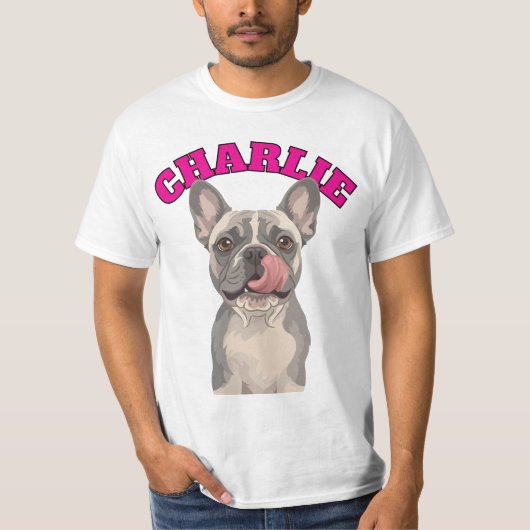 フレンチブルドッグの鼻を舐める面白いアート Tシャツ (正面)