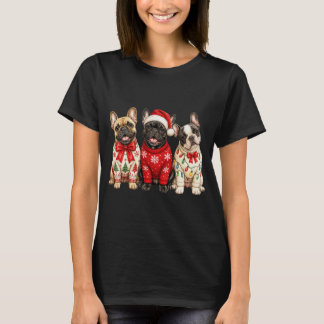 フレンチブルドッグ3頭のクリスマスの服 Tシャツ