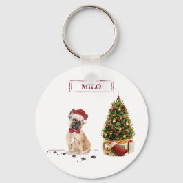 フレンチブルドッグ クリスマスの木と遊ぶ面白い犬 キーホルダー