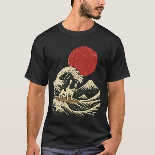 フレンチブルドッグ サーフィン 日本 Tシャツ (正面)