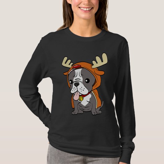 フレンチブルドッグ + トナカイ犬 クリスマス Tシャツ (正面)