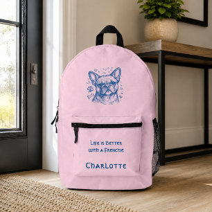 フレンチブルドッグ ブルーの線画 ドゥードル フレンチブルドッグ ピンク プリントバックパック