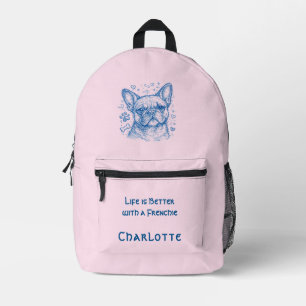 フレンチブルドッグ ブルーの線画 ドゥードル フレンチブルドッグ ピンク プリントバックパック