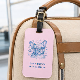フレンチブルドッグ ブルーの線画 ドゥードル フレンチブル ピンク ラゲッジタグ