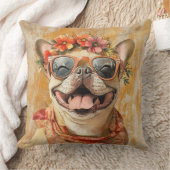 フレンチブルドッグ ラブ オレンジ フラワーパターン クッション (ブランケット)